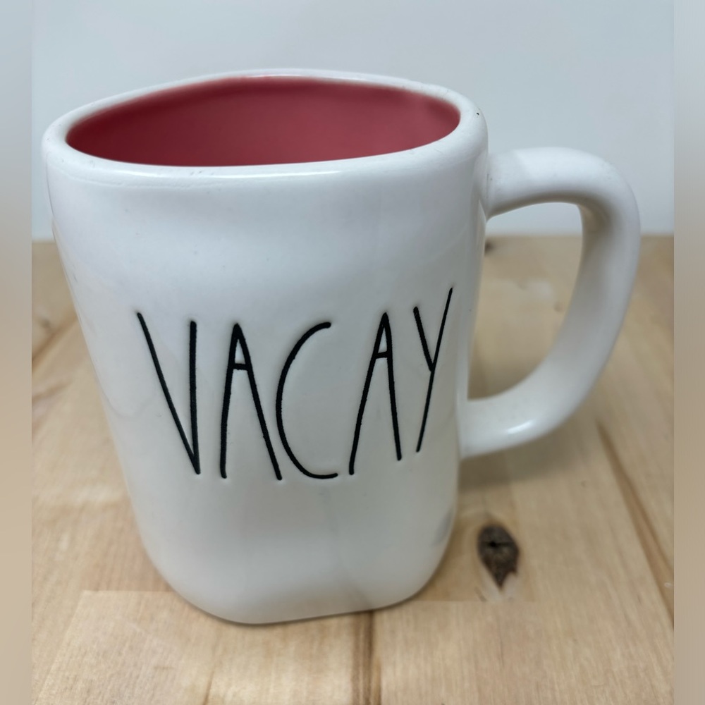 Rae Dunn VACAY Mug White with Pink Interior and Black Lettering New